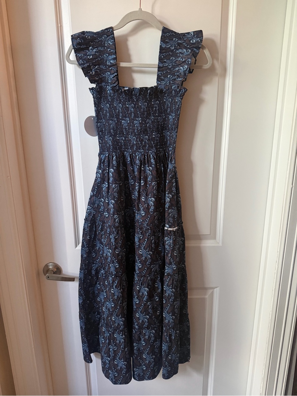 NWT Hill House Navy Blue Paisley Smocked Midi Dress with Ruffle Straps
